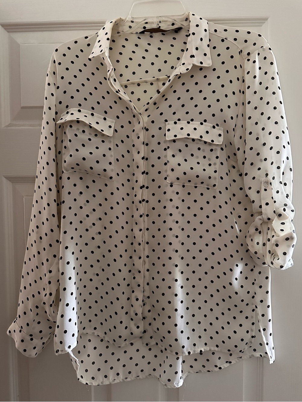Zara Basic Cream and Black Polka Dot Button-Front Blouse